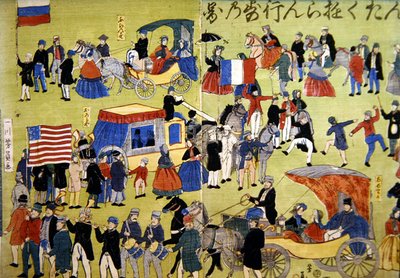 Amerikanske, hollandske og franske besøgende ankommer til Yokohama i Japan, ca. 1860 (farvetræsnit) af Japanese School