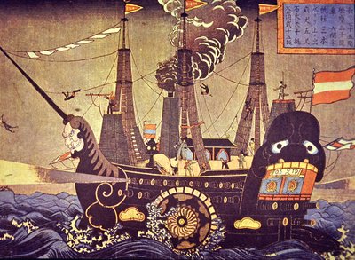 Amerikansk side-pagaj dampskib fra 1853 malet af en forbløffet japansk kunstner af Japanese School