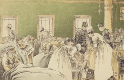 Tilsyn til de russiske sårede på det midlertidige hospital i det japanske Røde Kors Selskab i Chemulpo (chromolitho) af Japanese School