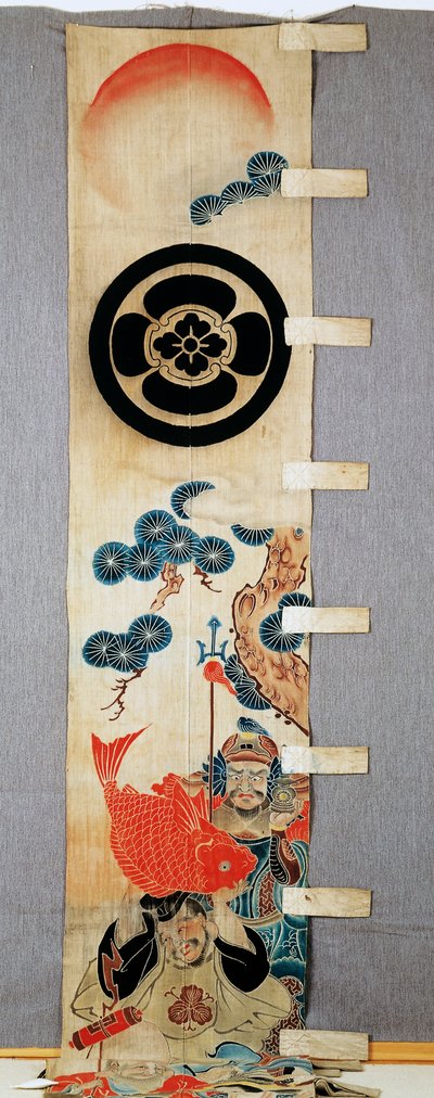 Banner (nobori), detalje af Seven Gods of Fortune-motiver, familievåben, blomst i cirkel, i bomuld, Farvet i reserve med risstivelse, med pigmenter, blæk, kemikalier, blæk, japansk civilisation, Meiji-Taisho-periode, 20. århundrede af Japanese School