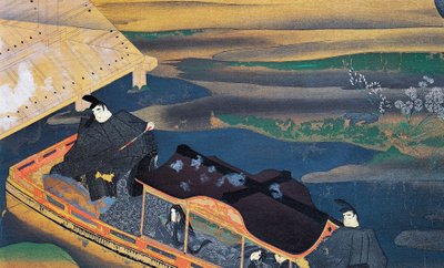 Båd i måneskin, af Fujiwara Nobuzane (1176-1265), illustration fra Murasaki Shikibus dagbog, japansk civilisation af Japanese School