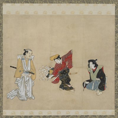 Dreng, der udfører en Narihira-dans, Edo-periode (blæk, farve og guld på papir) af Japanese School