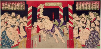 Combat de sumo entre Umegatani Totaro I (1845-1928) og Haibirya. Estampe vers 1860-1870 - Brydekamp Umegatani vs Haibirya, Anonym . Farve træsnit af Japanese School