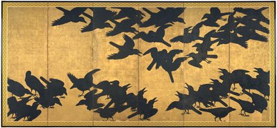 Krager, begyndelsen af det 17. århundrede (par af seks panelskærme; blæk og guld på papir) af Japanese School