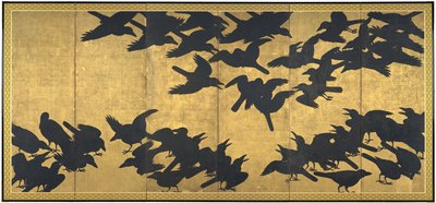 Krager, tidligt i det 17. århundrede (par af seks panelskærme; blæk og guld på papir) af Japanese School