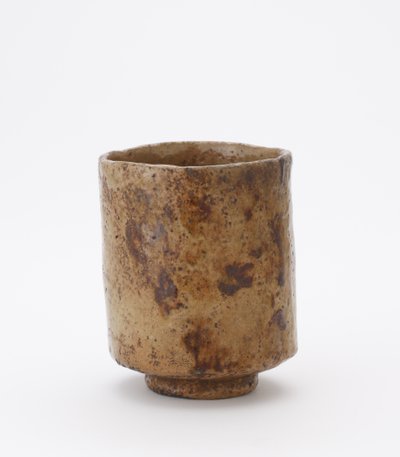 Cylindrisk teskål med inskription, ukendt Raku wareværksted, teskål (tsutsu chawan) af Japanese School