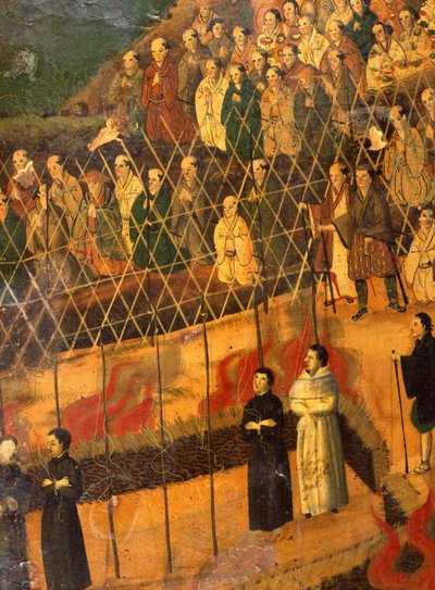 Detalje fra Jesuitternes martyrium i Japan i 1622 (akvarel på papir) af Japanese School