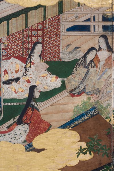 Detalje af Spring in the Palace, seksdobbelt skærm fra The Tale of Genji, ca. 1650 (blæk, farver og guld på papir) af Japanese School