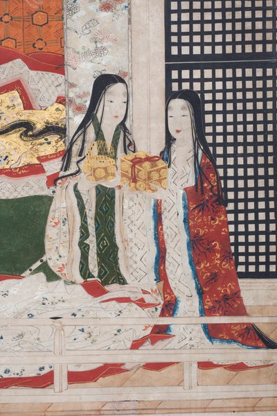 Detalje af Spring in the Palace, seksdobbelt skærm fra The Tale of Genji, ca. 1650 (blæk, farver og guld på papir) af Japanese School