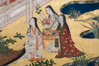 Detalje af Spring in the Palace, seksdobbelt skærm fra The Tale of Genji, ca. 1650 (blæk, farver og guld på papir) af Japanese School
