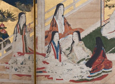 Detalje af Spring in the Palace, seksdobbelt skærm fra The Tale of Genji, ca. 1650 (blæk, farver og guld på papir) af Japanese School