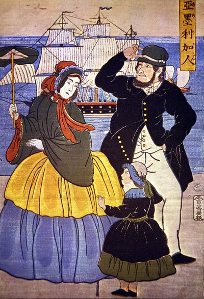 Europæisk familie ved Yokohama havnefront malet af en japansk kunstner i 1861 af Japanese School