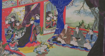 Fiskere, der viser deres penis til kejserinden og hendes hof, fra en erotisk historie om fiskere, der forliste på en ø beboet af kvinder (håndfarvet gravering) af Japanese School
