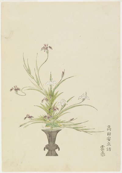Blomsterarrangement af Takada Anritsub? Untai, Iris (håndfarvet træbloktryk) af Japanese School