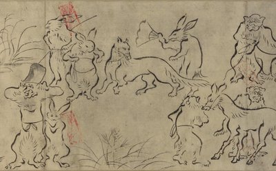 Dyr, der boltrer sig (Choju Giga) Muromachi periode (blæk på papir) af Japanese School