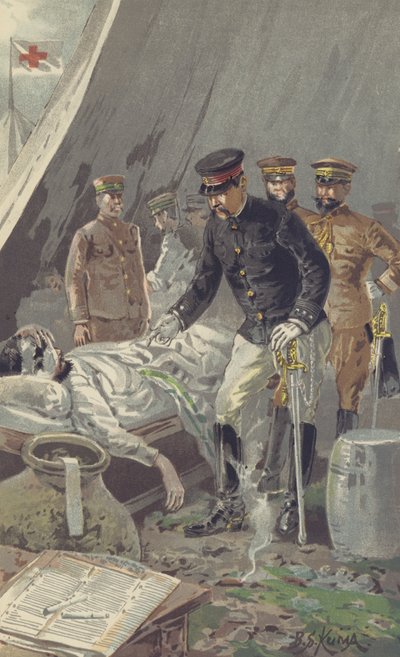 General Prince Fushimi trøster en såret soldat efter det voldsomme slag ved Nanshan (chromolitho) af Japanese School
