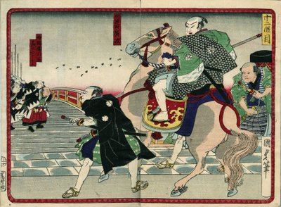 Gruppe af samuraier på en bro (inklusive en hest) - i "" De 47 ronins hævn"" 1800-tallet: Serie de Kabouki af Japanese School