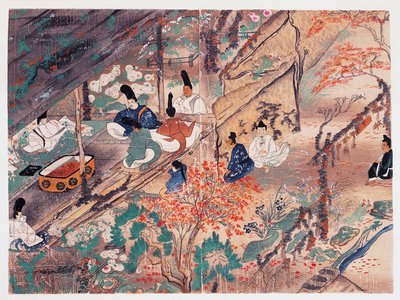 Heian statsmand og digter Sugawara Michizane (845-903), kendt som Tenjin-San (himmelsk ånd), i eksil i Kitano Tenman-Gu-helligdommen i Kyoto og deler tøj doneret af den tidligere kejser, Fujiwara Nobuzane (1176-1268), Kamakura periode (1185-1333), Japan af Japanese School