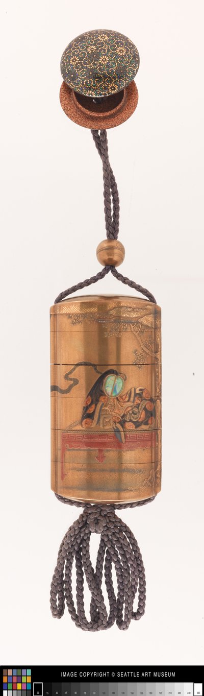 Inro dekoreret med en domstolsdame, ojime og netsuke af Japanese School