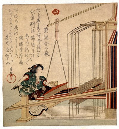 Japansk kvinde med sin væv, tryk slutningen af det 19. århundrede. Gener. Museo Chiossone af Japanese School