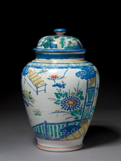 Krukke med tilhørende låg, ca. 1660-80 (porcelæn med emaljeoverglasur) af Japanese School