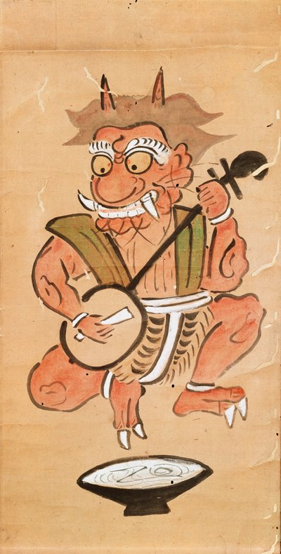 Kakemono skildrer en djævel, der spiller shamisen (blæk og farve på papirrulle) af Japanese School