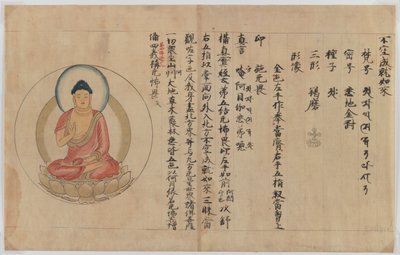 Manuskript og billede af Buddha (blæk og farve på papir) af Japanese School