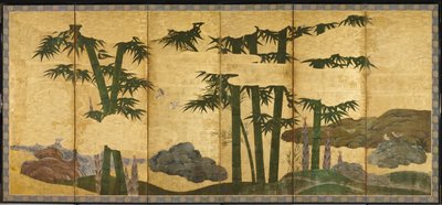 Moonlit Bamboo Grove, tidligt i det 16. århundrede (par af seks panelskærme; blæk, farve og guld på skrift) af Japanese School