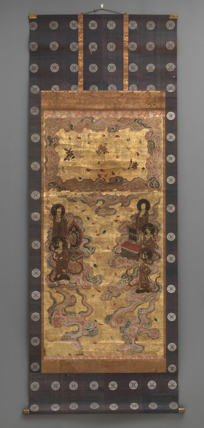 Vægmaleri: Nedstigning af femogtyve bodhisattvaer (tilhængere af Amitabha-triaden), 1700-tallet (Triptykon hængende ruller: blæk, farve og guld blad på papir, messing) af Japanese School