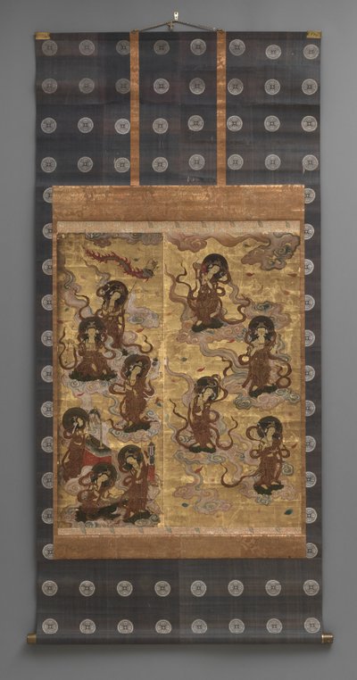 Vægmaleri: Nedstigning af femogtyve bodhisattvaer (tilhængere af Amitabha-triaden), 1700-tallet (Triptykon hængende ruller: blæk, farve og guld blad på papir, messing) af Japanese School