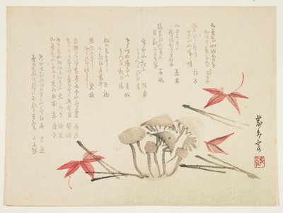 Svampe, ahornblade og fyrrenåle (træbloktryk i farver) af Japanese School