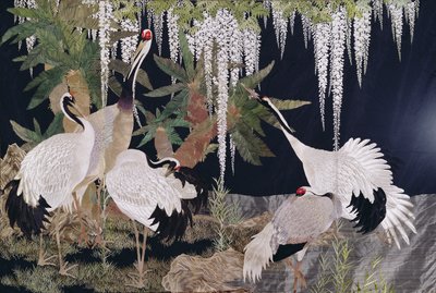 Håndarbejde hængende med kraner, cycader og blåregn (tekstil) af Japanese School