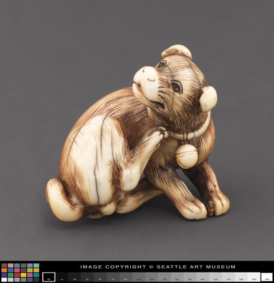 Netsuke modelleret som en hund, der klør sig nakke af Japanese School