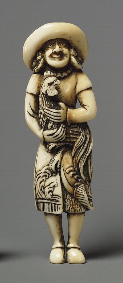 Netsuke modelleret som udlænding med kirin, 1800-tallet (elfenben) af Japanese School