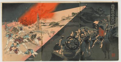 Night Battle at Pingyang, Meiji-æraen, 1894 (træblok i farver) af Japanese School
