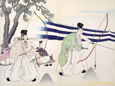Adelsmænd dyrker bueskydning (detaljeret se 255314), 1800-tallet, fra et album af træsnit, farvet træbloktryk af Japanese School