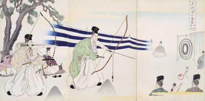 Adelsmænd, der øver bueskydning, fra et album af træsnit (træbloktryk i farver) af Japanese School