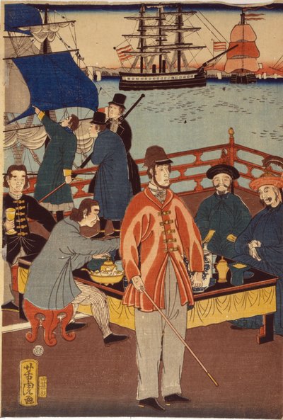 Et print af triptykon, der viser europæiske købmænd, der tager en forfriskning med japansk. I baggrunden ses skibe i Yokohama havn, Japan af Japanese School
