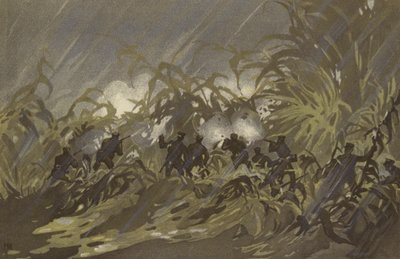 Vores infanterisoldater i træfning på en hirsemark nær Liao-yang (chromolitho) af Japanese School