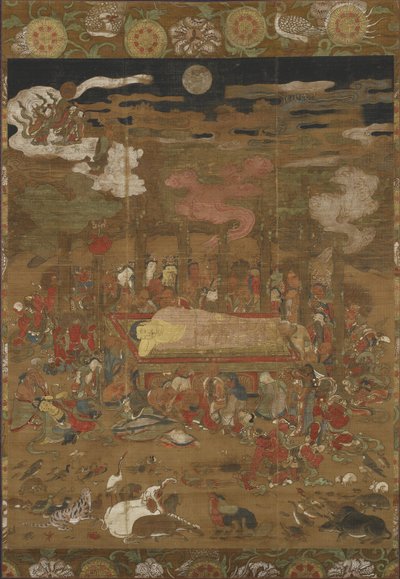 Parinirvana af Sakyamuni, den historiske Buddha (blæk, farve og guld på silke) af Japanese School
