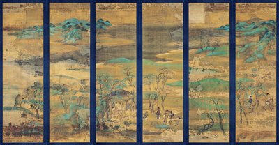 Paysage (Landskab) Skærm i seks paneler - Anonymt arbejde, gouache på silke af Japanese School