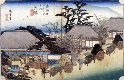 Bønder krydser en landsby med deres vogne - japansk tryk af Japanese School