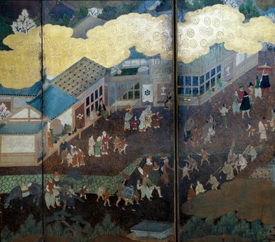 "Portugisisk" skærm: en repræsentation af portugisiske jesuitiske missionærers ankomst til Japan i det 16. århundrede. Detalje. Realiseret af Kano Skolen (?). 1593-1600. Lissabons museum for antikke kunst af Japanese School
