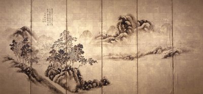 Rekto: Landskab efter Mi Fei, ca. 1810 (blæk på bladguld) af Japanese School