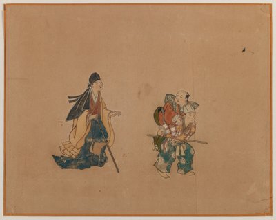 Samurai and Two Blindmen, Album Leaf Painting (blæk og farve på papir) af Japanese School