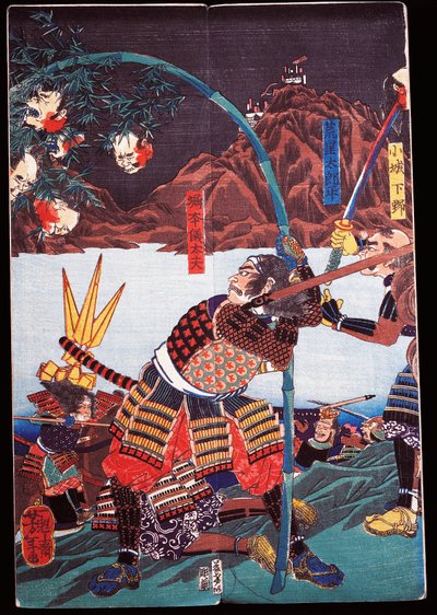 Samurai viser afhuggede hoveder af deres fjender på bambusstokke, sewamono (hjemmeleg) af Japanese School