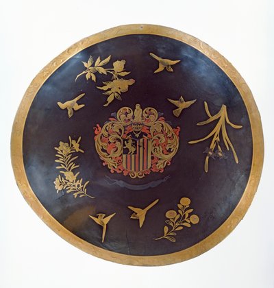 Skjold, der afbilder våbenlejerne af Constantijn Ranst, for det hollandske østindiske kompagni, fremstillet i Bengal og lakeret i Japan, ca. 1668 (lakeret læder) af Japanese School