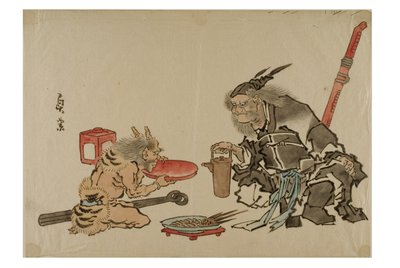 Shoki serverer sake til en dæmon, ca. 1895-1905 (blæk på papir) af Japanese School