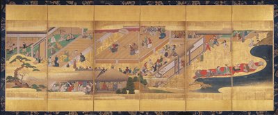 Seksfoldsskærm med Noh Play Funa-Benkei, c.1660 (farve, gofun & blæk & guld på papir) af Japanese School