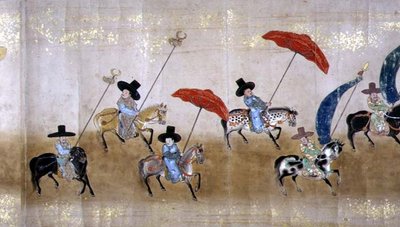 Sjette koreanske ambassade til Japan i Meireki 1 på tidspunktet for Tokugawa Ietsunas arvefølge i 1651, muligvis af Kano Masunobu (1625-94) (rullemaleri) (detaljer) af Japanese School